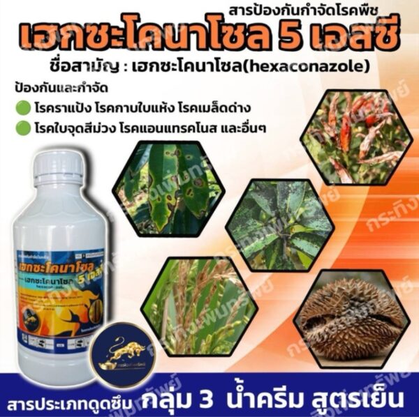 เฮกซะโคนาโซล 5 เอสซีขนาด 1 ลิตร ป้องกันและกำจัดโรคพืช โรคราแป้งราดำ กาบใบแห้ง ใบจุดสีม่วง แอนแทรคโนส